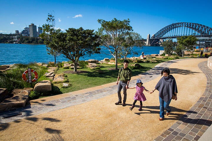Family enjoying a walk through Barangaroo Reserve, Barangaroo.  