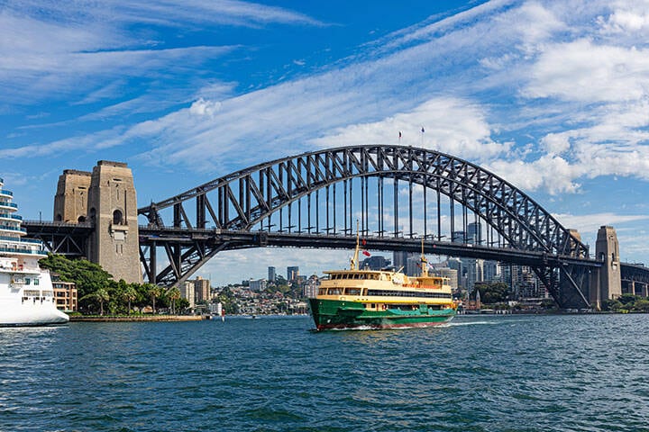 View of Sydney Harbour Bridge and ferry boat