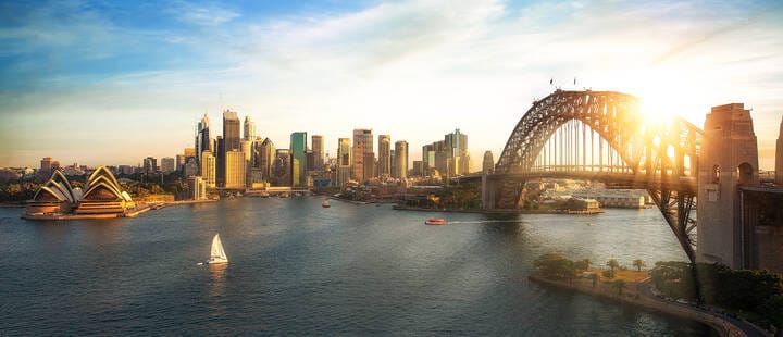 Sydney harbour bridge and Opera House at sunrise