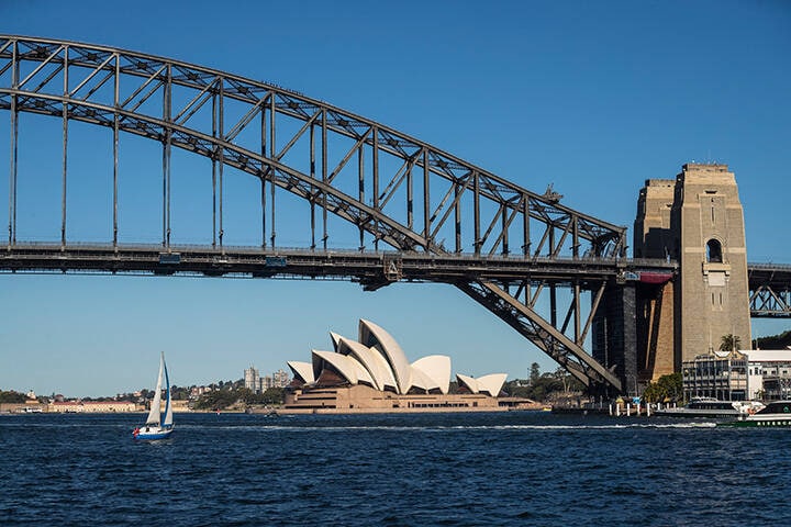 Scenic views across Sydney Harbour of the Sydney Harbour Bridge and the Sydney Opera House. 