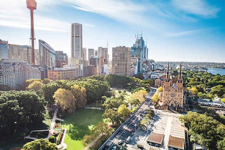 Aerial view of Sydney CBD, Hyde Park and St Mary's Cathedral