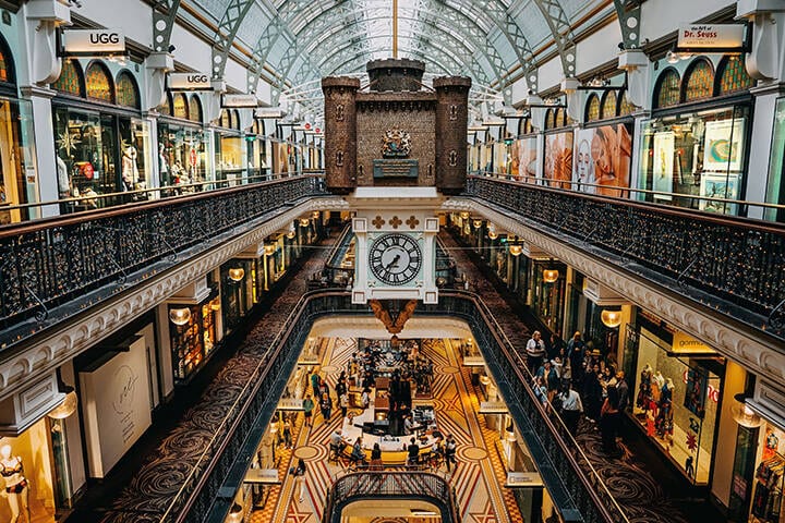 QVB's main atrium, looking at the Royal Clock and historic shopfronts 