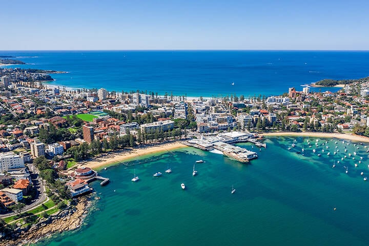 Aerial view on famous Manly Wharf and Manly Beach, Sydney, Australia.